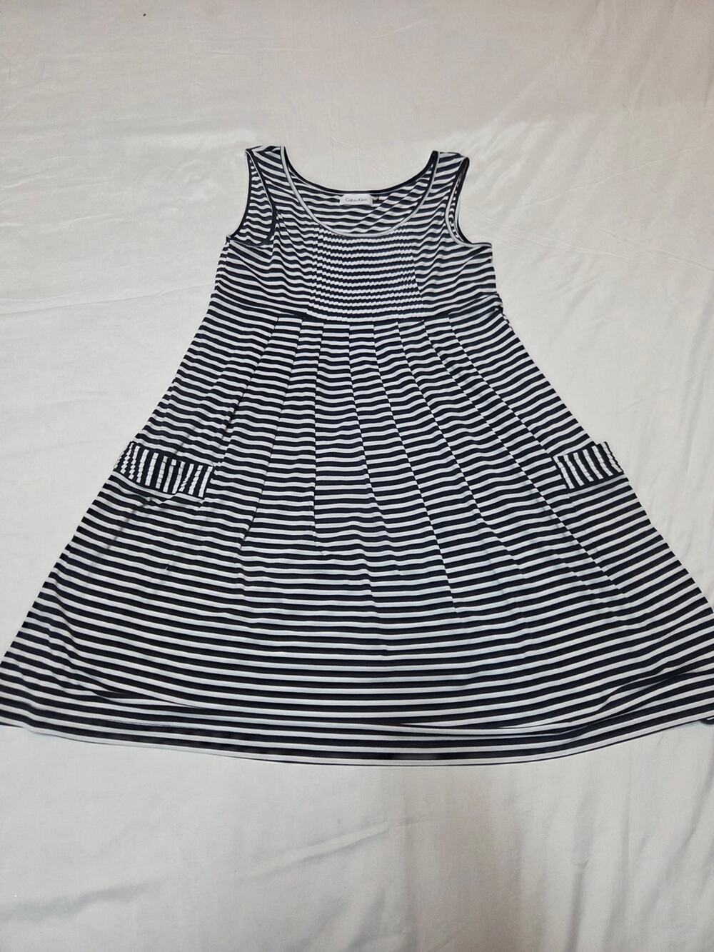 Calvin Klein Navy and White Striped Sleeveless A-Line Dress